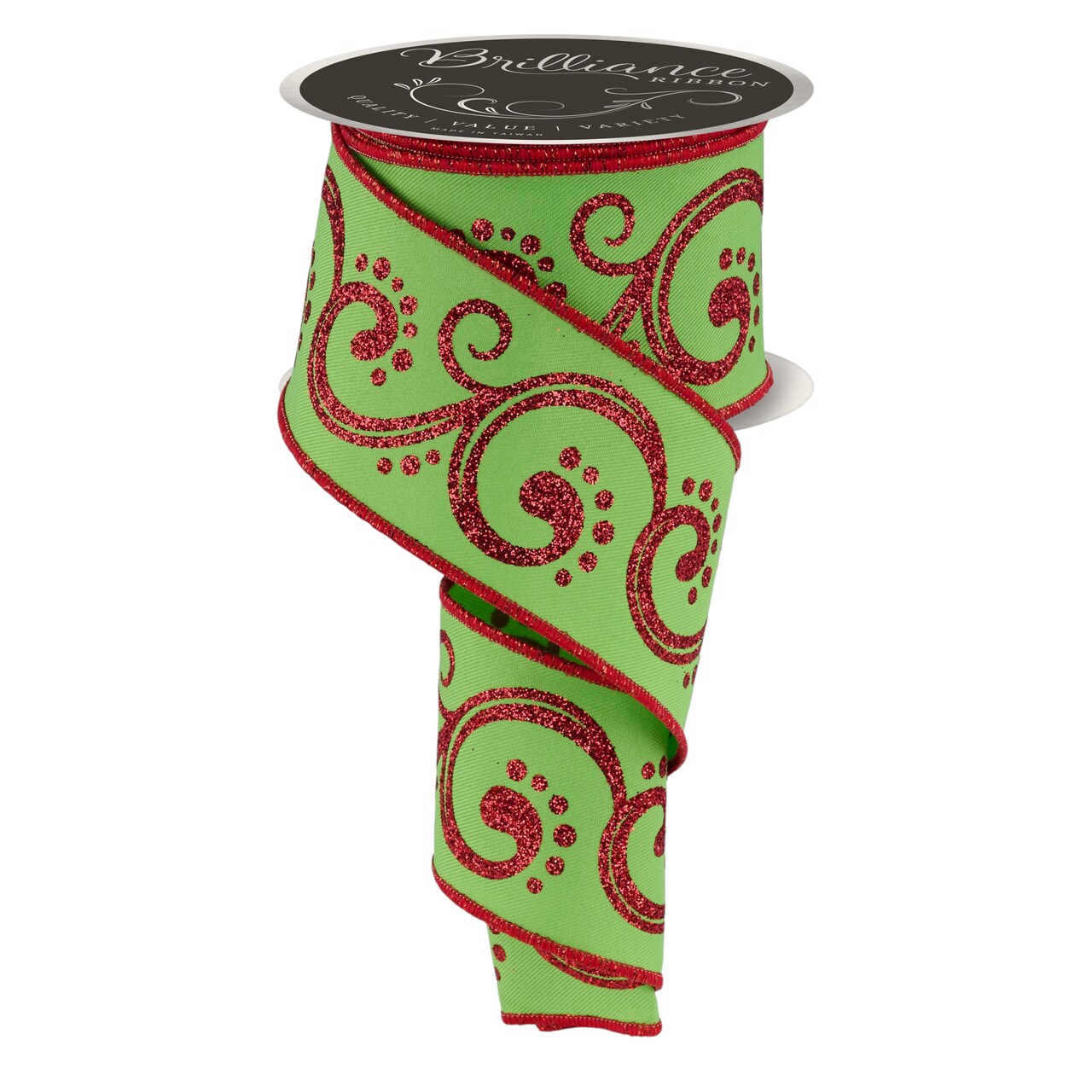 Brilliance 2.5" Lime Green and Red Filigree Glitter Swirl Wired Ribbon, 10 Yards for Christmas Bows, Wreaths, Gift Wrap, Crafts and Decorations